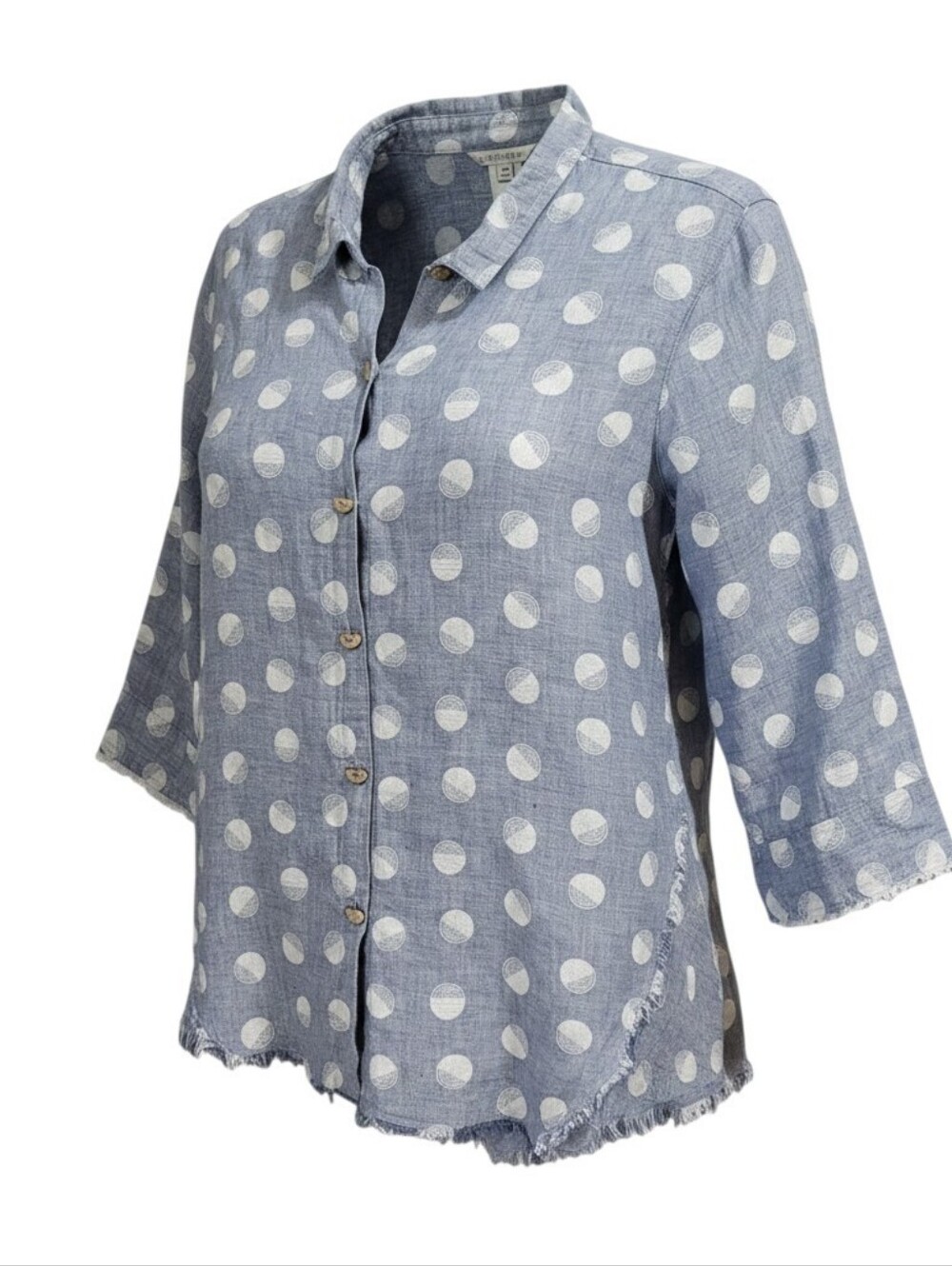John Mark Shirt Tunic Sz 1X Polka Dot 100% Linen Fringe Hem Lagenlook Artsy Boho